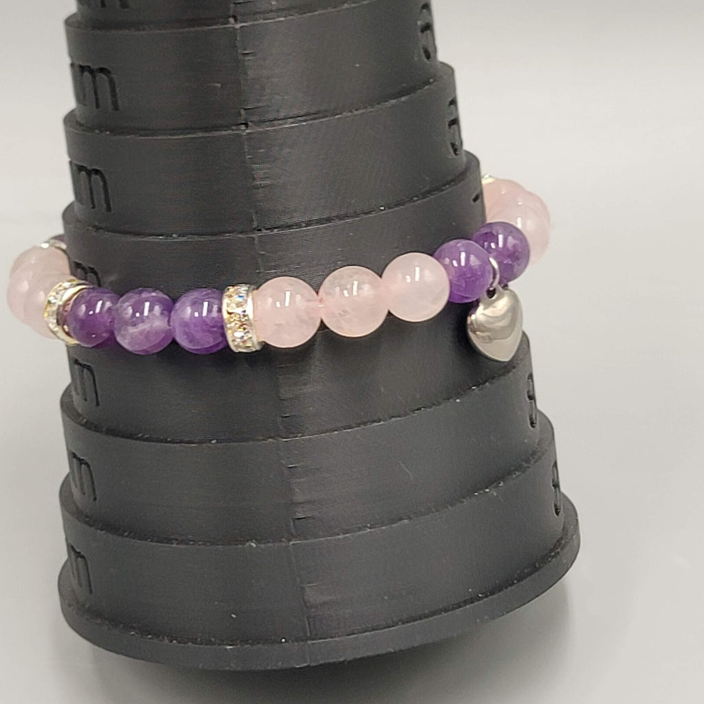 Pink Quartz and Amethyst Bead Bracelet Elastic Rhinestone Spacers Heart Charm