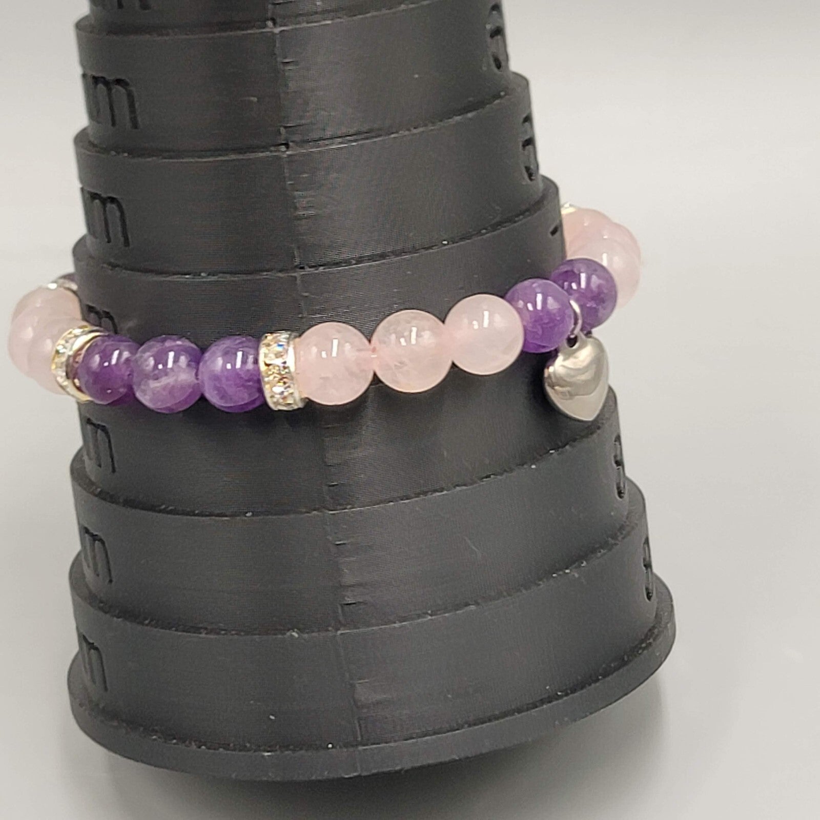Pink Quartz and Amethyst Bead Bracelet Elastic Rhinestone Spacers Heart Charm