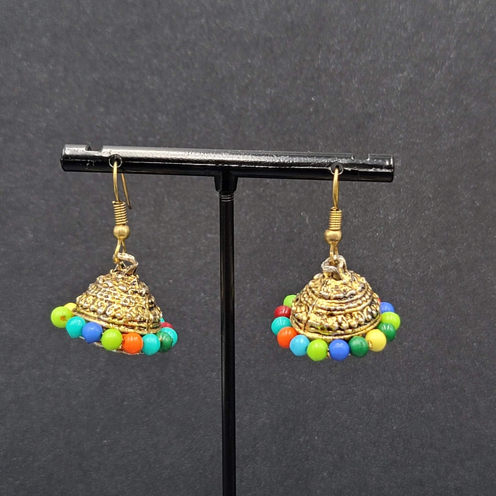 Vintage Pierced Earrings Bohemian Gold tone Multicolor Bead Dangle 3/4"