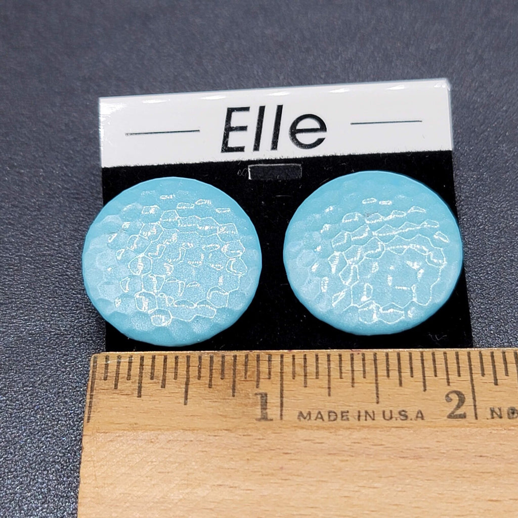 Vintage Pierced Earrings Textured Blue Enamel Discs Circle 1" Shimmer
