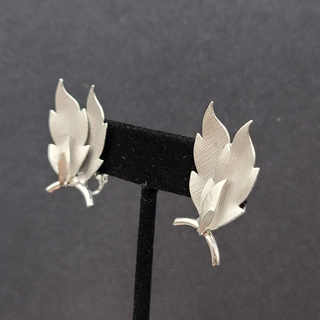 Vintage Clip on Earrings Brushed Silver tone Leaves Climber 1.5"