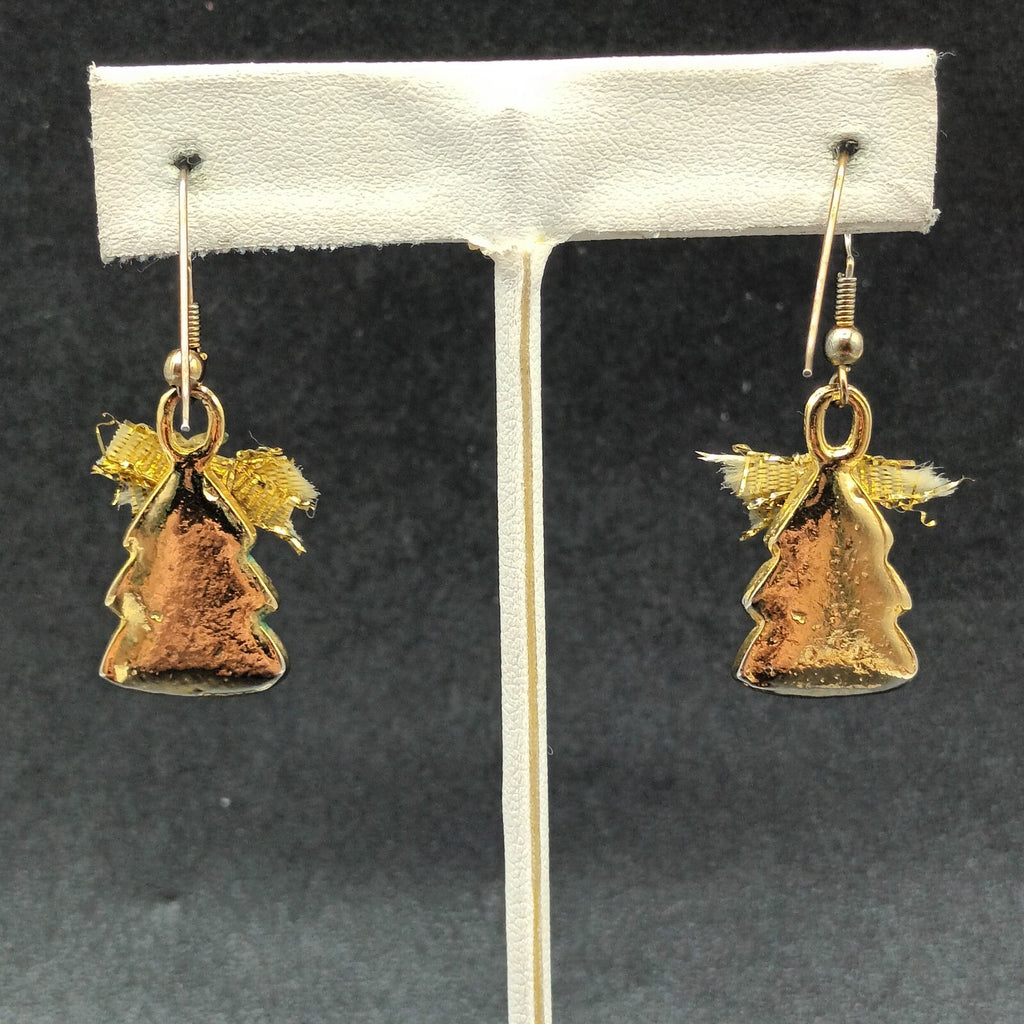 Pierced Earrings Gold tone Green Enamel Christmas Tree Bow Dangle 1"