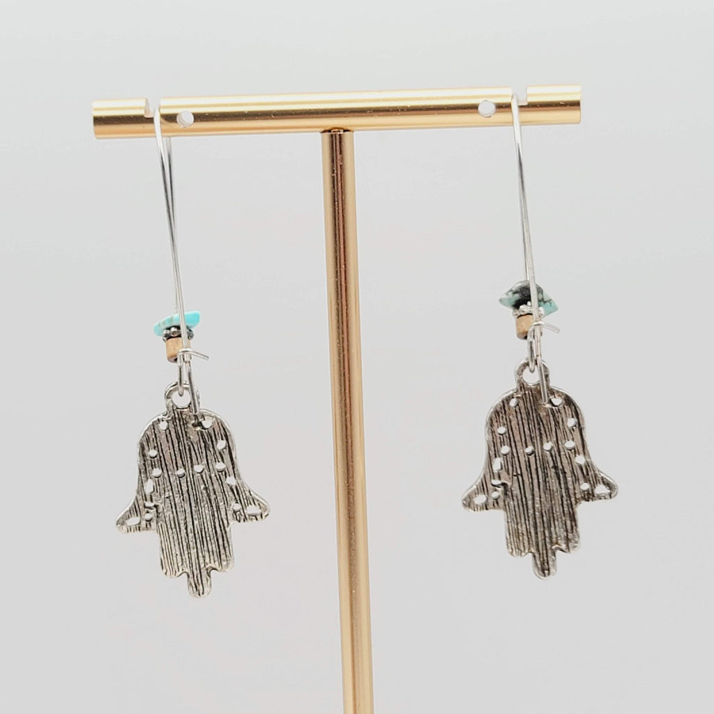 Hamsa Hand Boho Bead Pierced Earrings Silver tone Dangle  2.5 in
