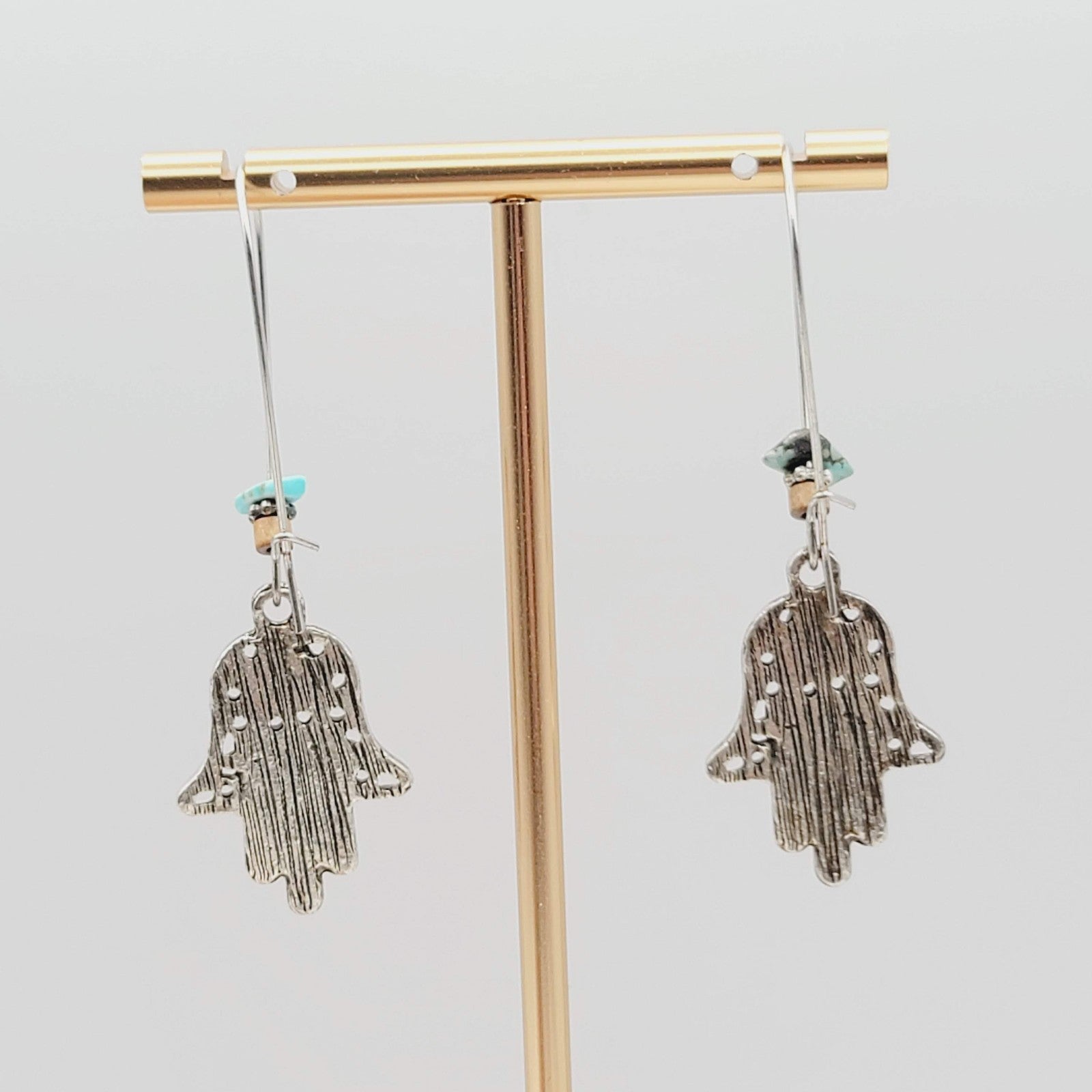 Hamsa Hand Boho Bead Pierced Earrings Silver tone Dangle  2.5 in