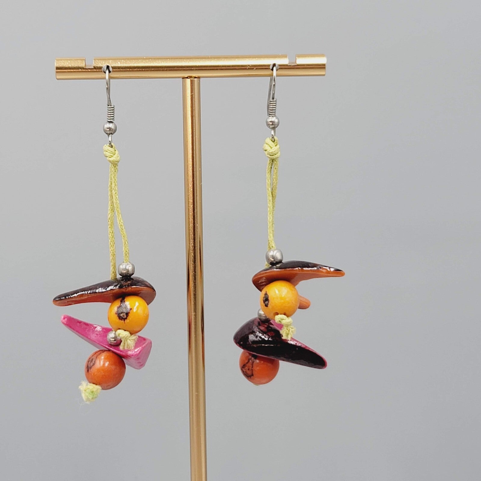 Vintage Real Nut Bead Pierced Earrings Multicolor Dangle 2.5"