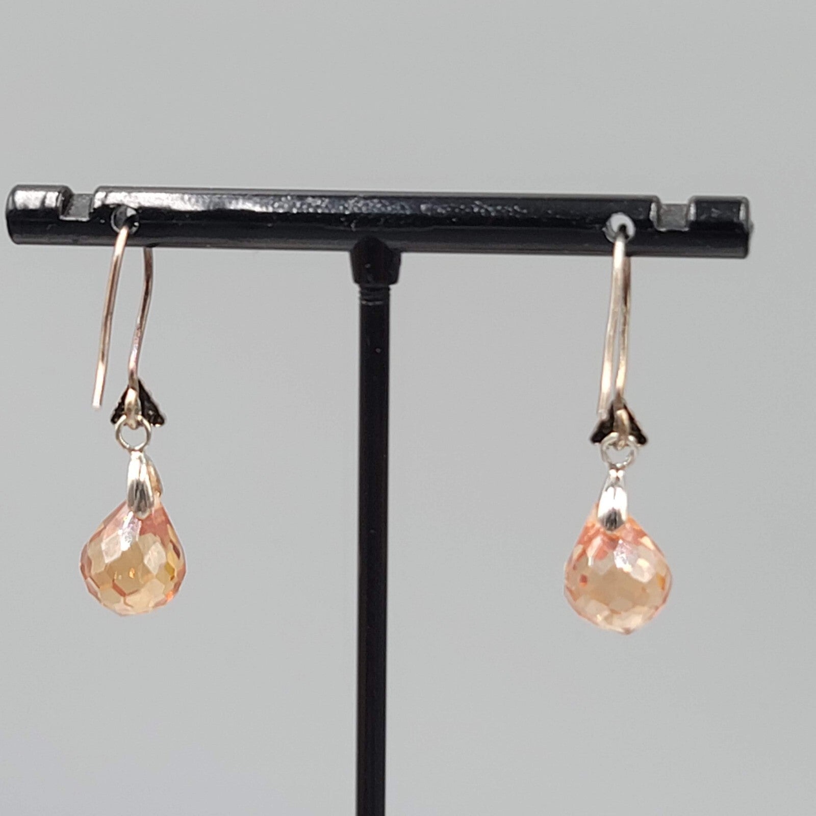 Crystal Teardrop Pierced Earrings Peach Silver tone Hooks 3/4"