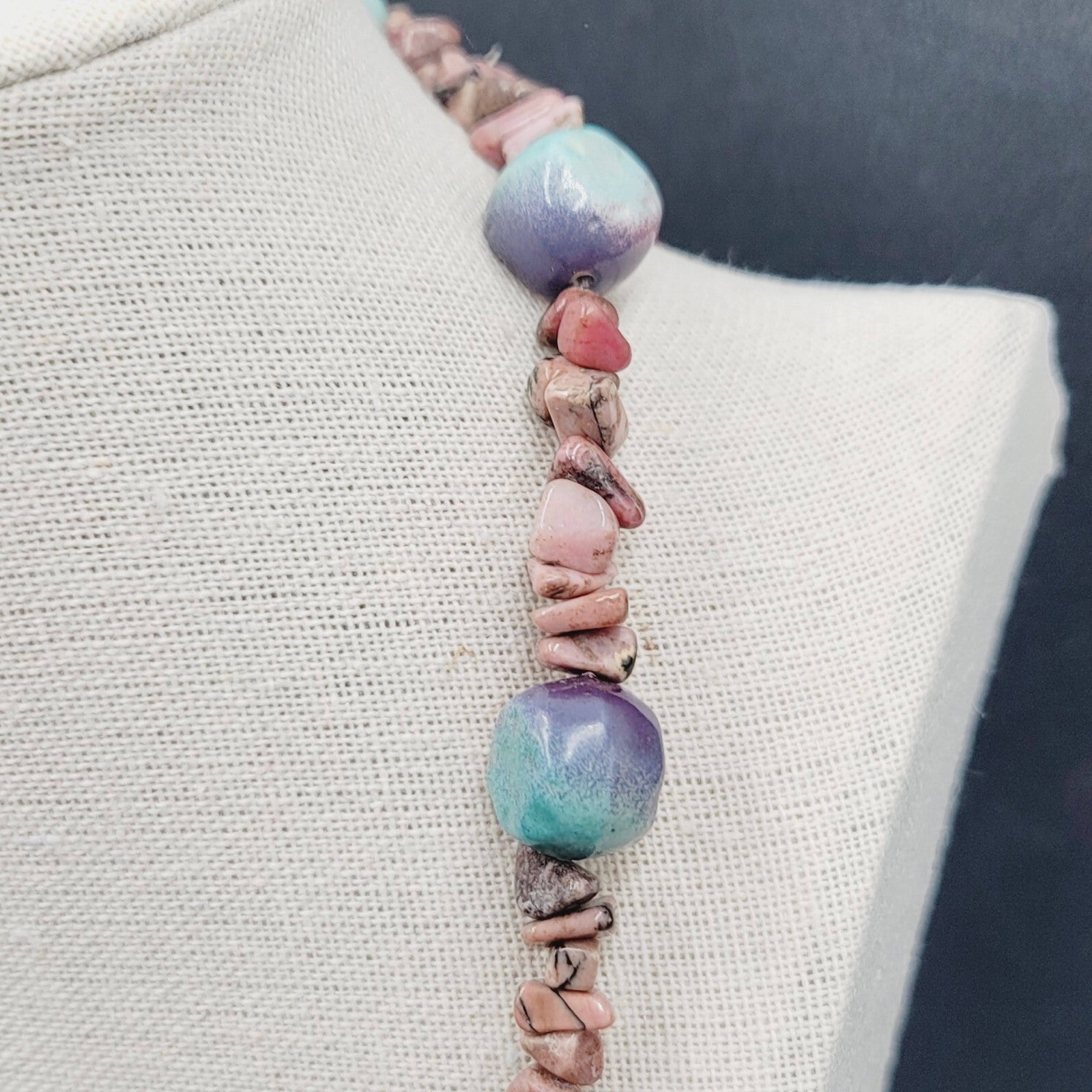 Pink Agate Stone and Pottery Art Bead Necklace 26" Barrel Clasp Artisan