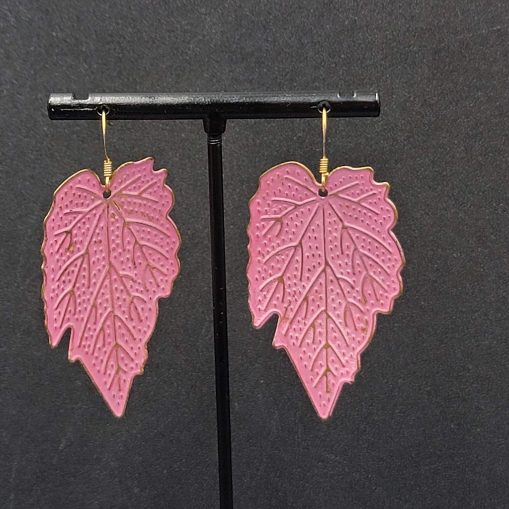 Pierced Earrings Gold tone Large Pink Dangle Leaves Statement 2"