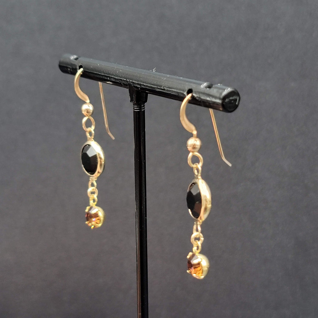 Pierced Earrings Gold tone Black Orange Rhinestone Dangle 1"