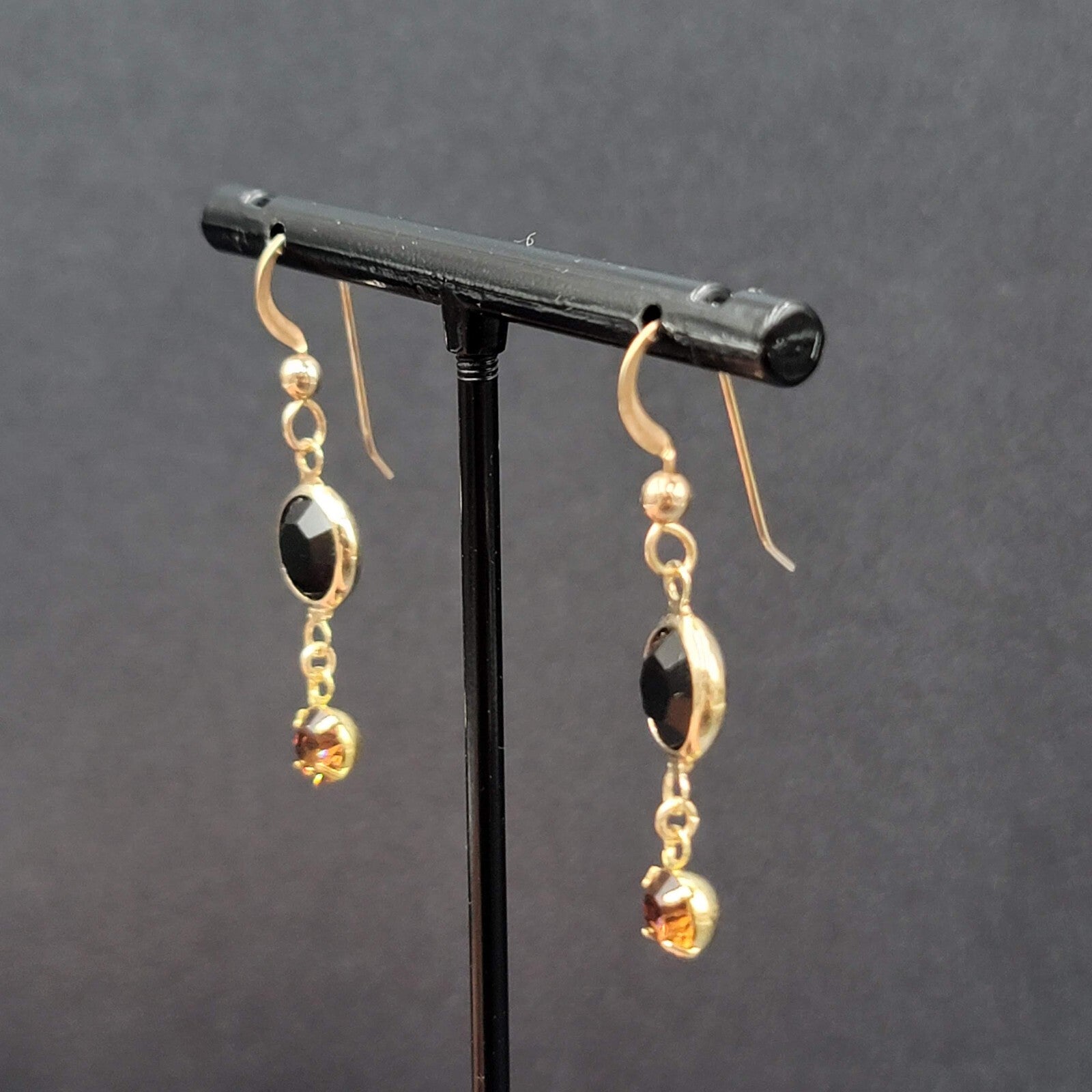 Pierced Earrings Gold tone Black Orange Rhinestone Dangle 1"