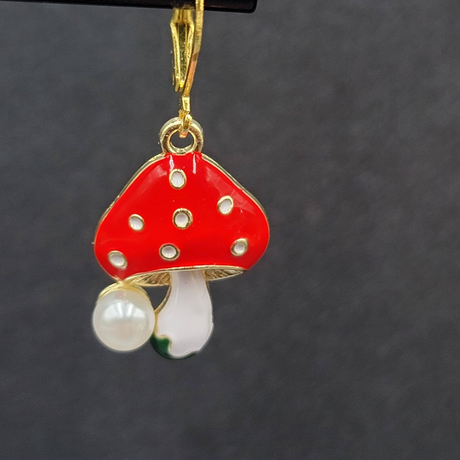 Mushroom Pierced Earrings Faux Pearl Enamel Red White Polka Dot Dangle 3/4"