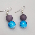 Purple Blue Art Glass Bead Pierced Earrings Silver tone 1.25"