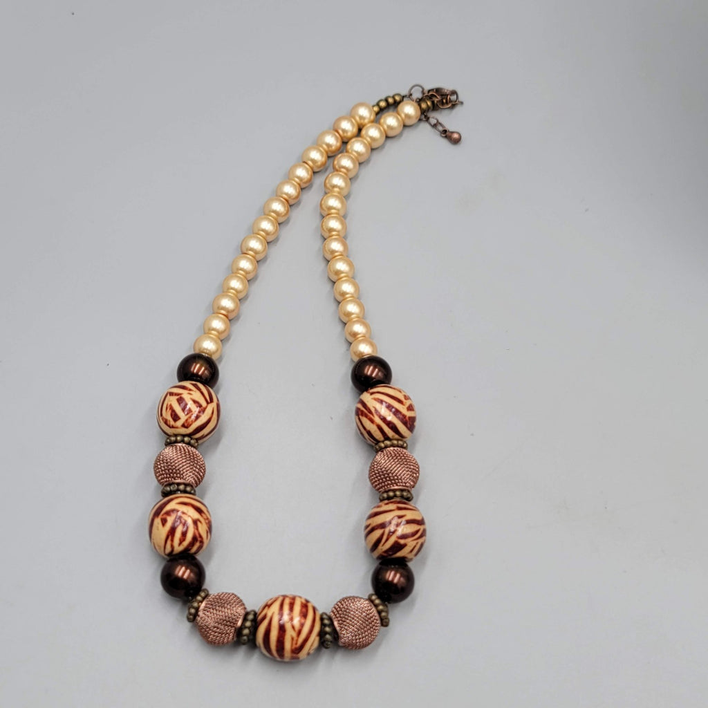 Bead Necklace Imitation Pearl Wood and Copper Mesh Beads  18"