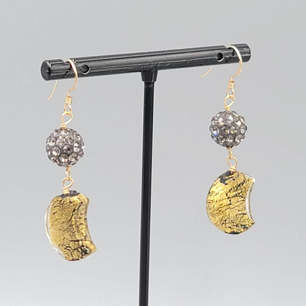 Dichroic Glass Moon Pierced Earrings Gold tone Rhinestone Dangle 1.5"