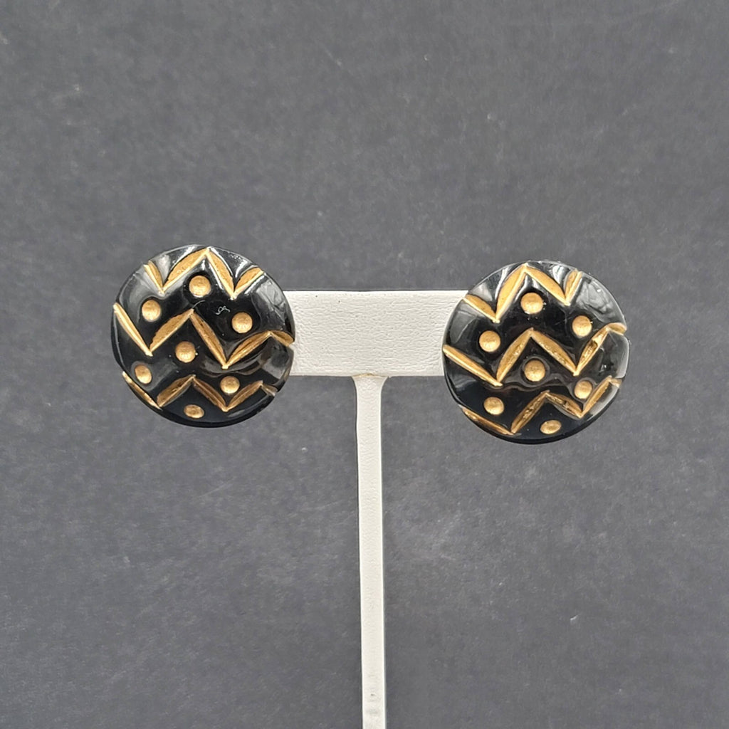 Vintage Pierced Earrings Wood Black Gold Painted Dome Button Stud  1.25"