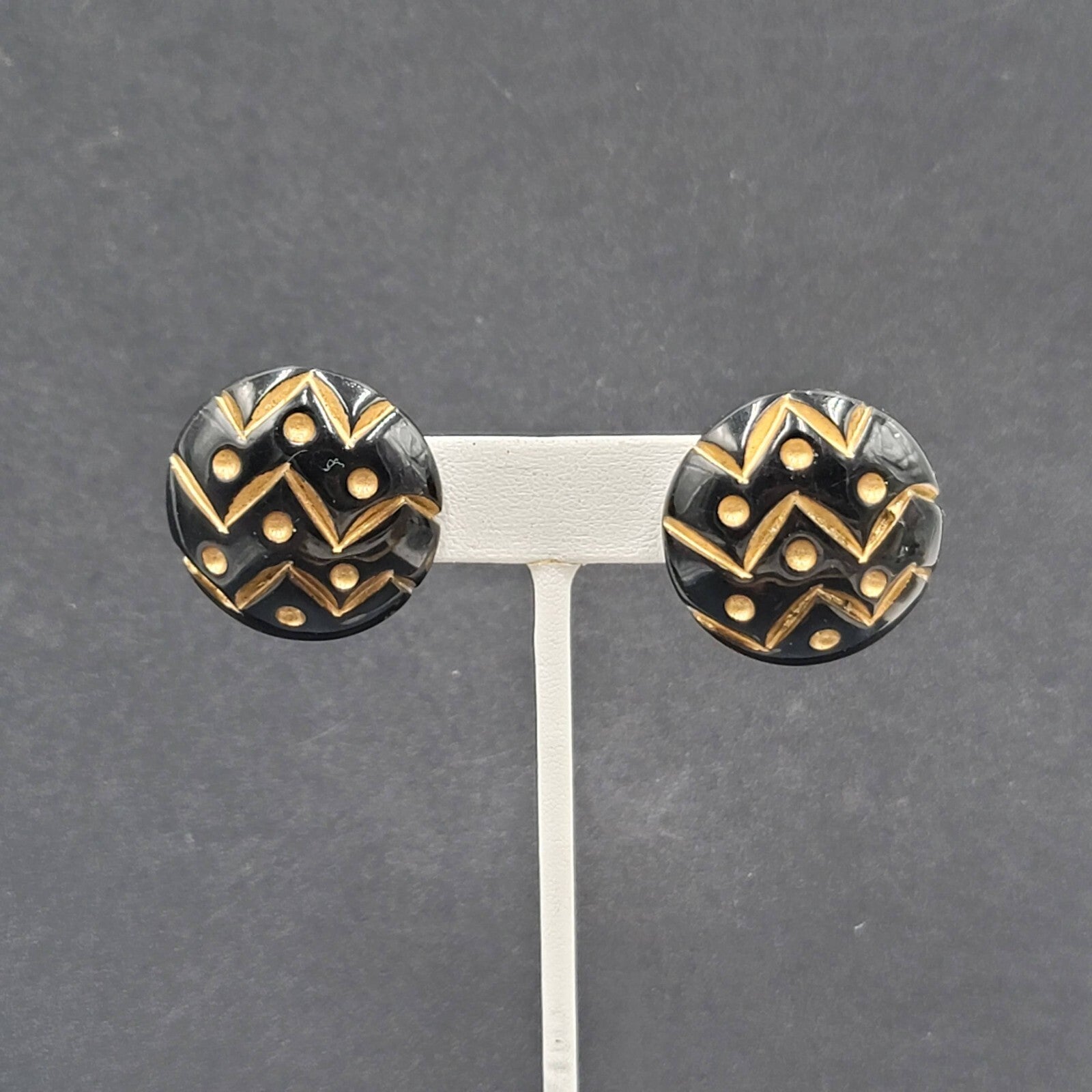 Vintage Pierced Earrings Wood Black Gold Painted Dome Button Stud  1.25"