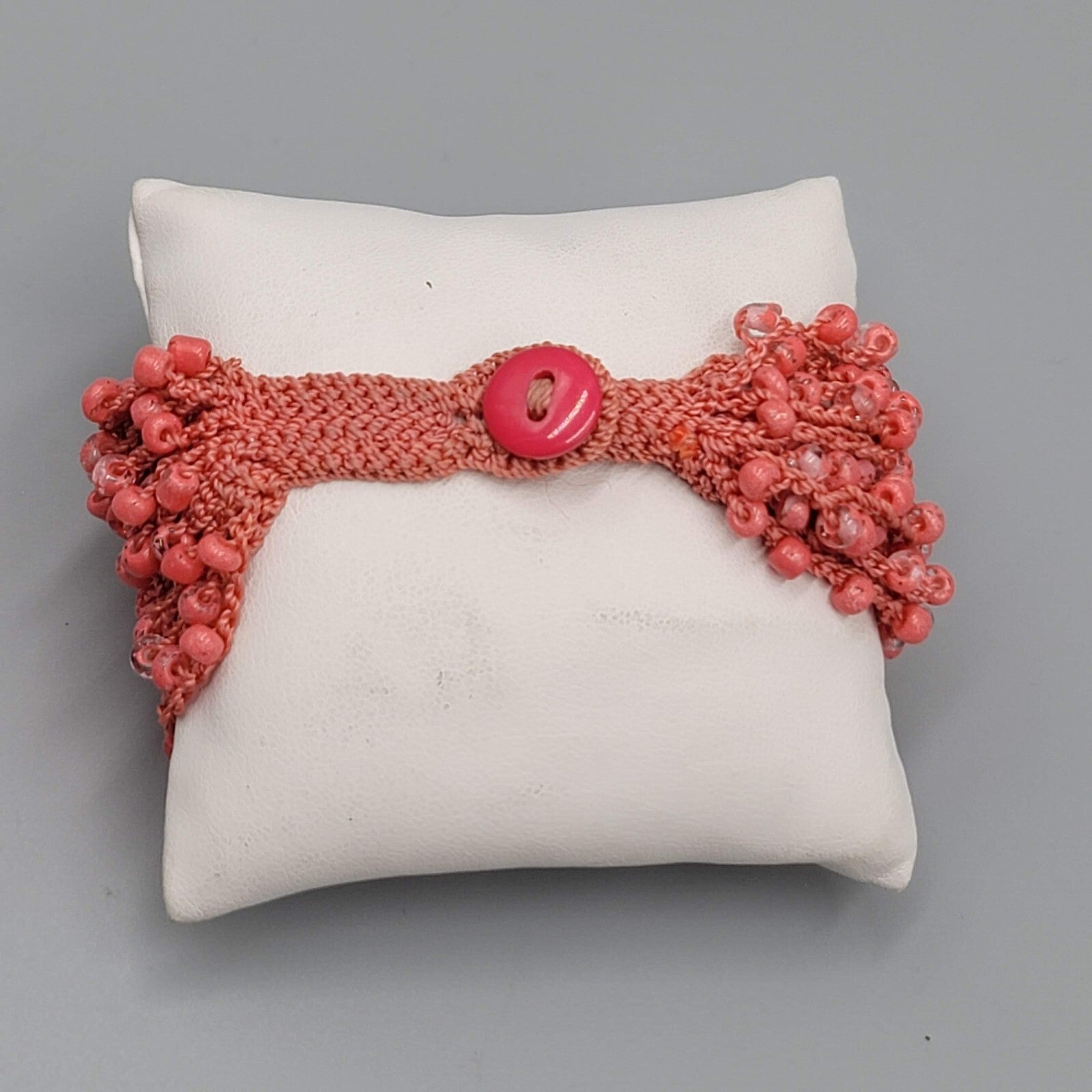 Mauve Pink Bracelet Glass Seed Bead Thread Button Closure 7"