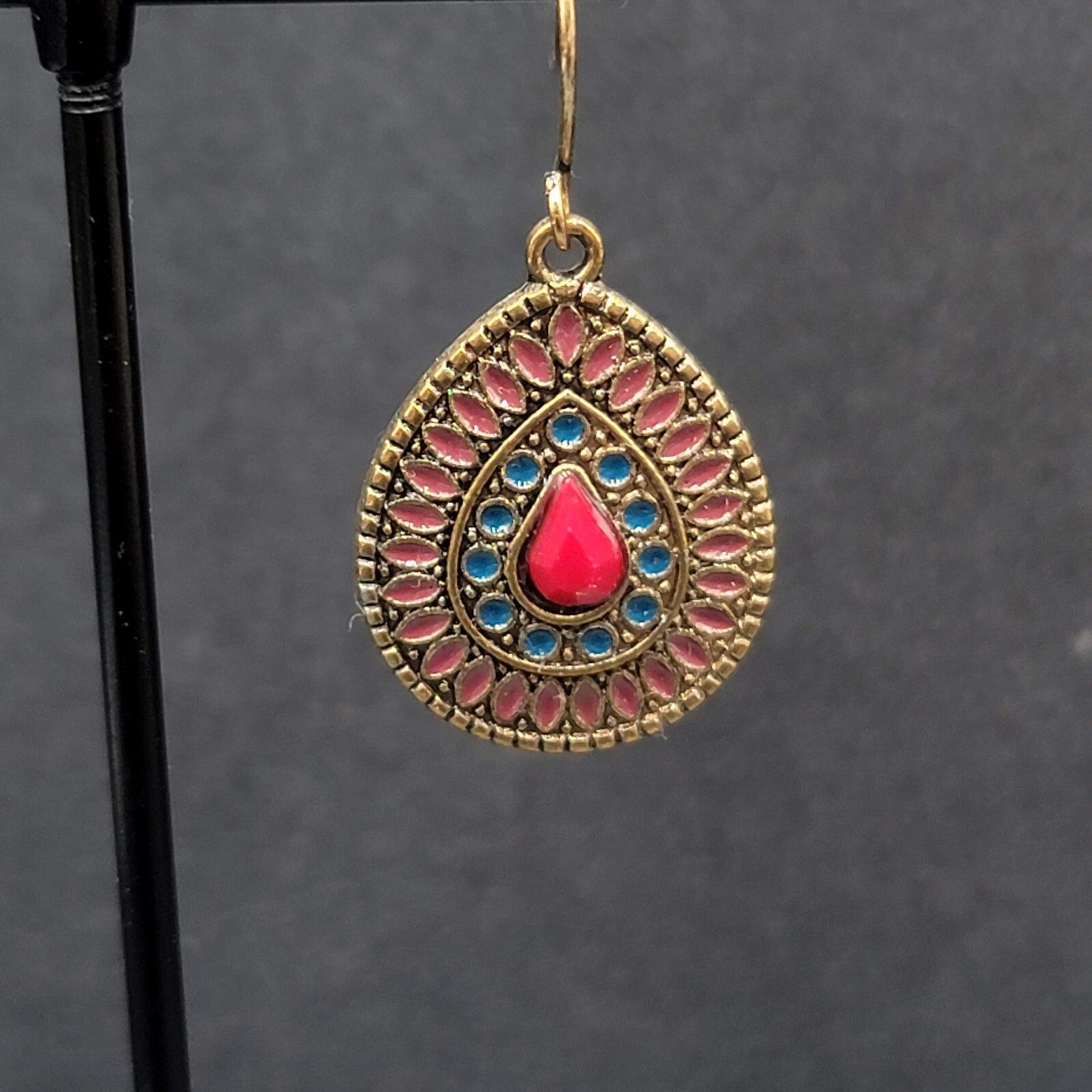 Boho Pierced Earrings Gold tone Teardrop Medallion Dangle 1"
