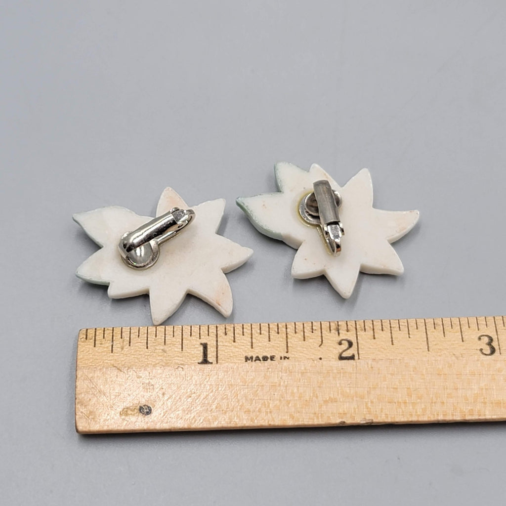 Vintage Ceramic Poinsettia Flower Clip on Earrings Drop 1.25"