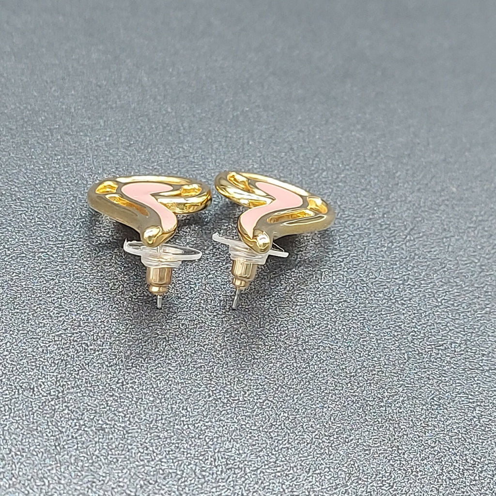 Vintage Pierced Earrings Gold Plated Pink Enamel Statement 1 1/4"