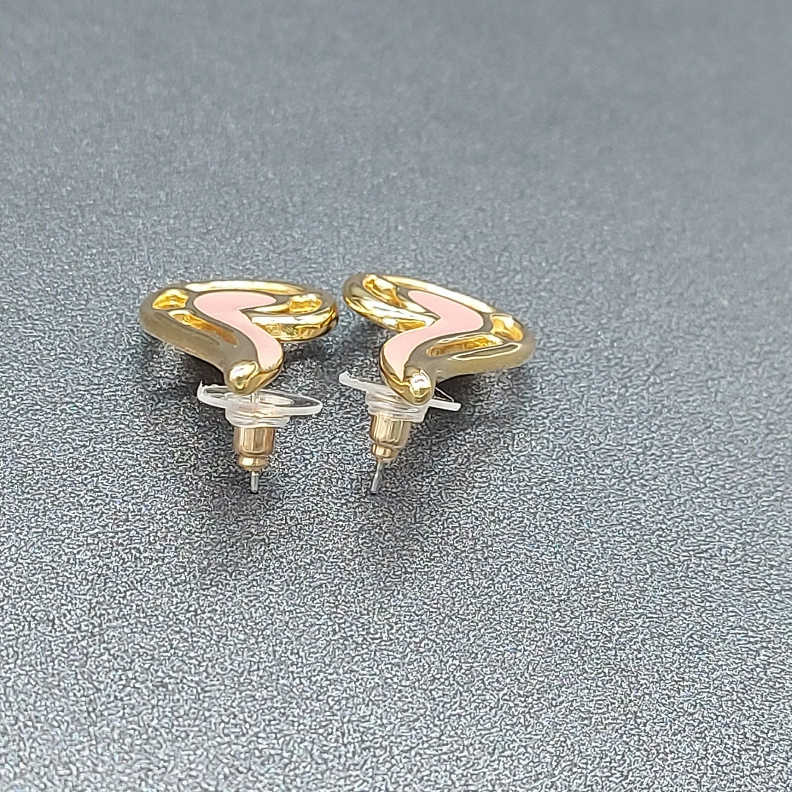 Vintage Pierced Earrings Gold Plated Pink Enamel Statement 1 1/4"