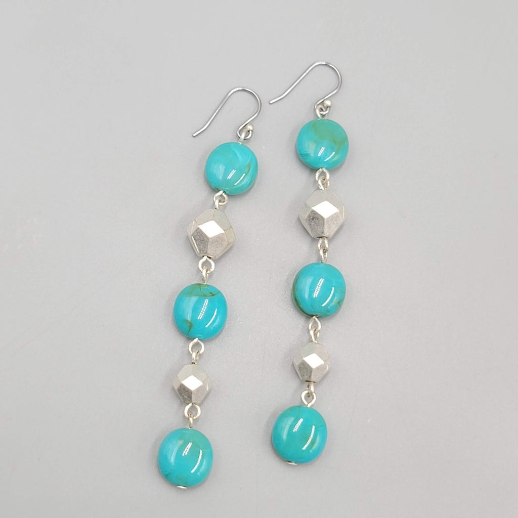 Long Bead Pierced Earrings Blue and Silver tone Dangle 3"