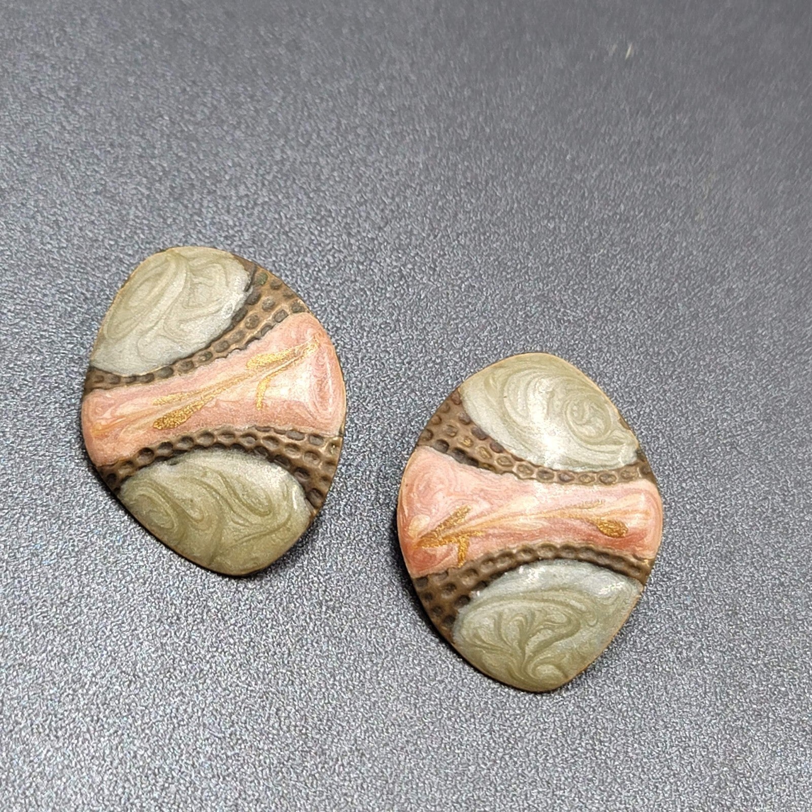 Vintage Pierced Earrings Mauve Pink Sage Green Enamel over Metal Drop 1.5"