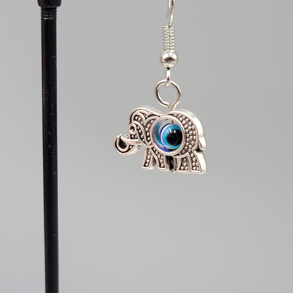 Elephant Evil Eye Pierced Earrings Silver tone Blue Bead Dangle 5/8"