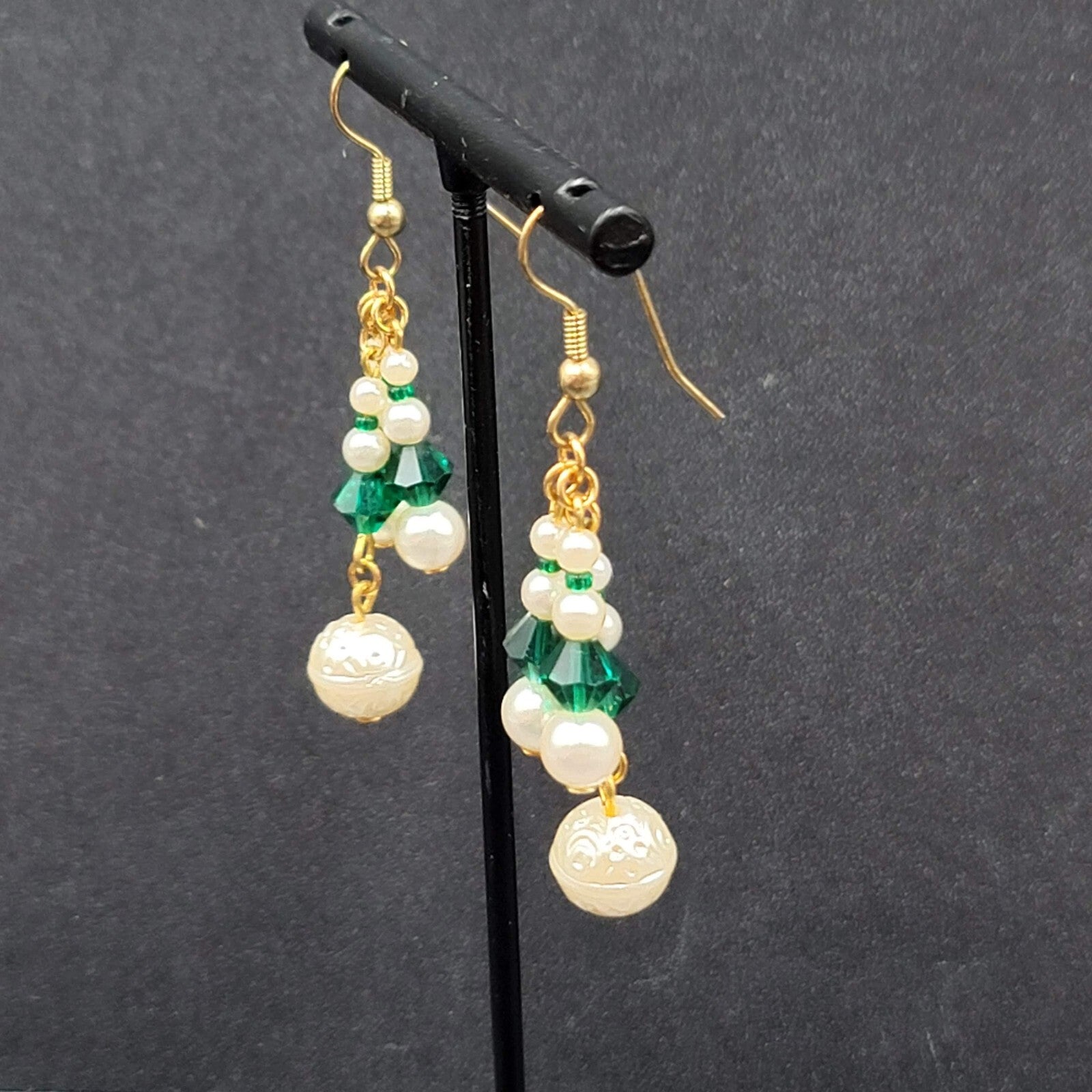 Vintage Pierced Earrings Faux Pearl Green Crystal Beads Dangle 1.5"