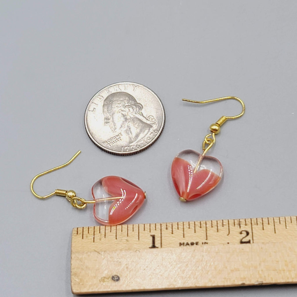 Glass Heart Bead Pierced Earrings Gold tone Dangle 3/4"
