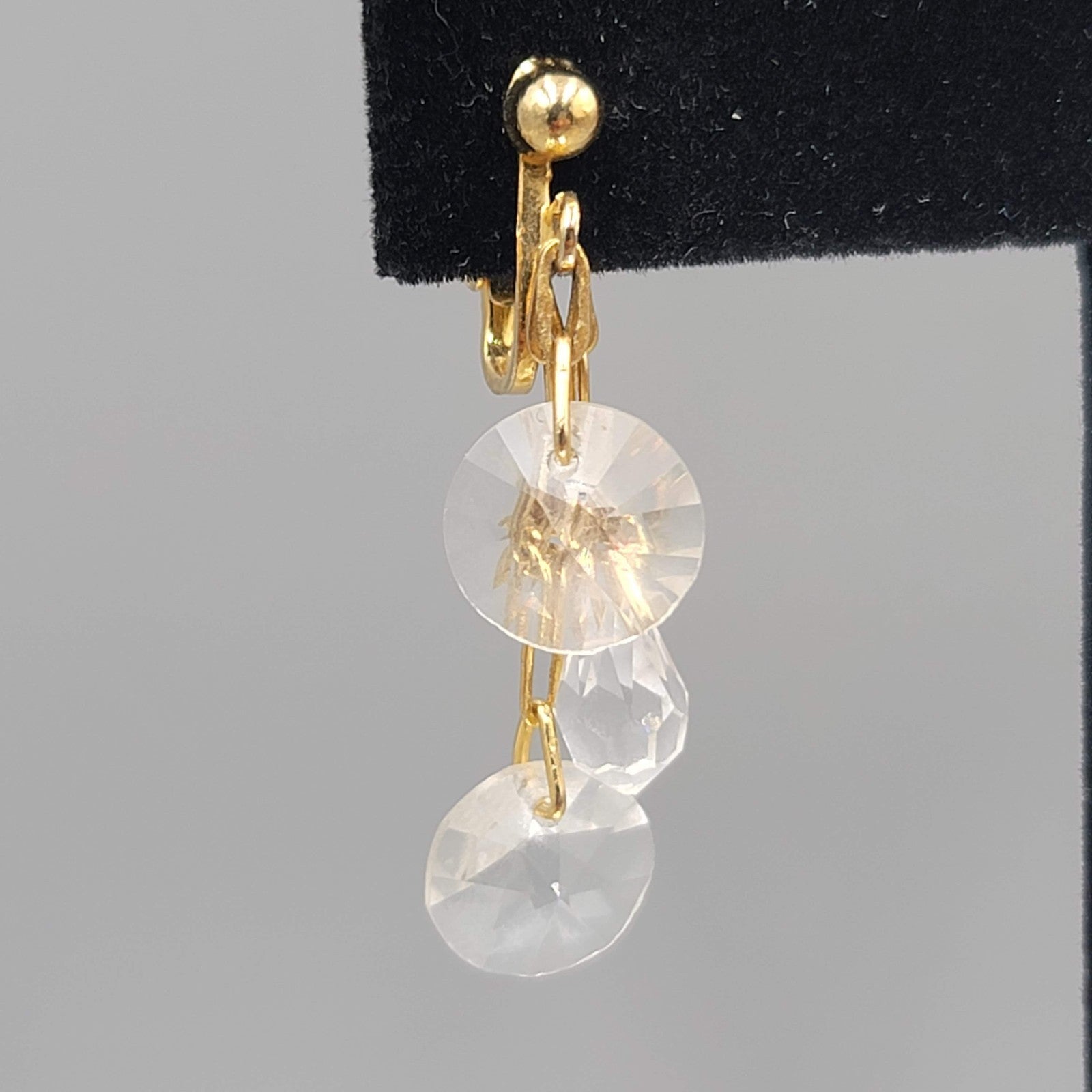 Vintage Clear Bead Clip on Earrings Gold tone Dangle 1.25 in