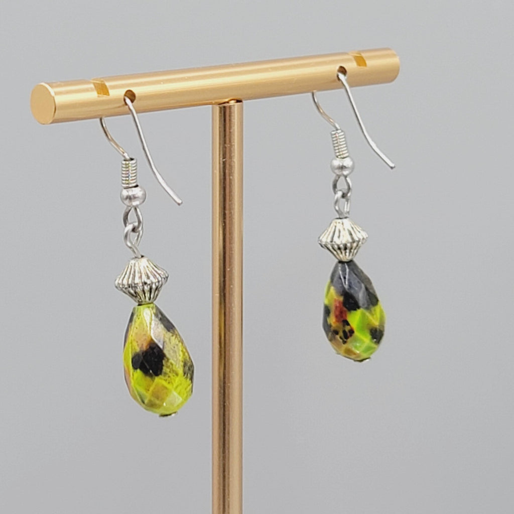 Green Orange Stone Pierced Earrings Faceted Teardrop Bead Silver tone Dangle 1"