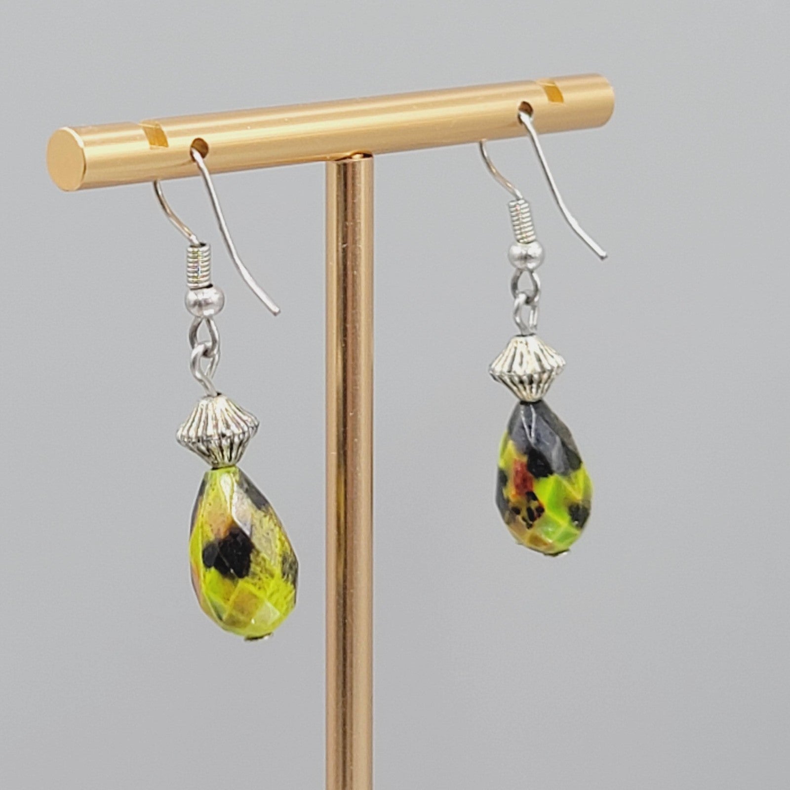 Green Orange Stone Pierced Earrings Faceted Teardrop Bead Silver tone Dangle 1"