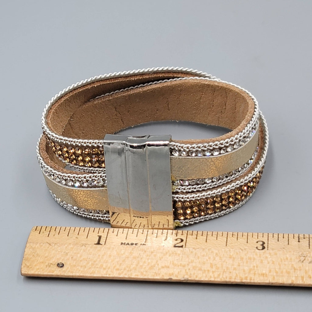 Leather Cuff Tan Bracelet Silver tone Magnet Closure 6.5"