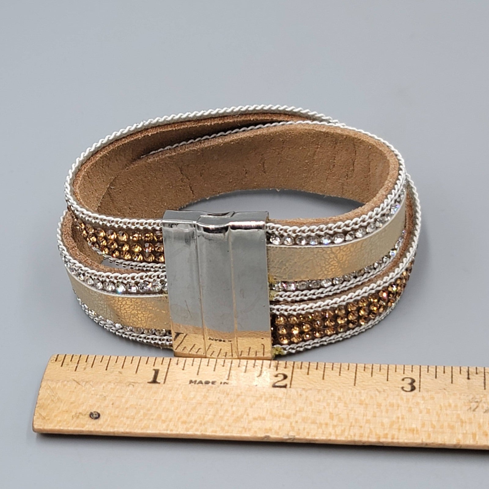 Leather Cuff Tan Bracelet Silver tone Magnet Closure 6.5"
