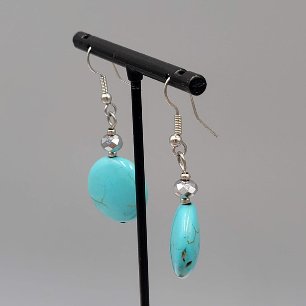 Blue Stone Bead Pierced Earrings Black Accent Silver tone Hook Dangle 1.25"