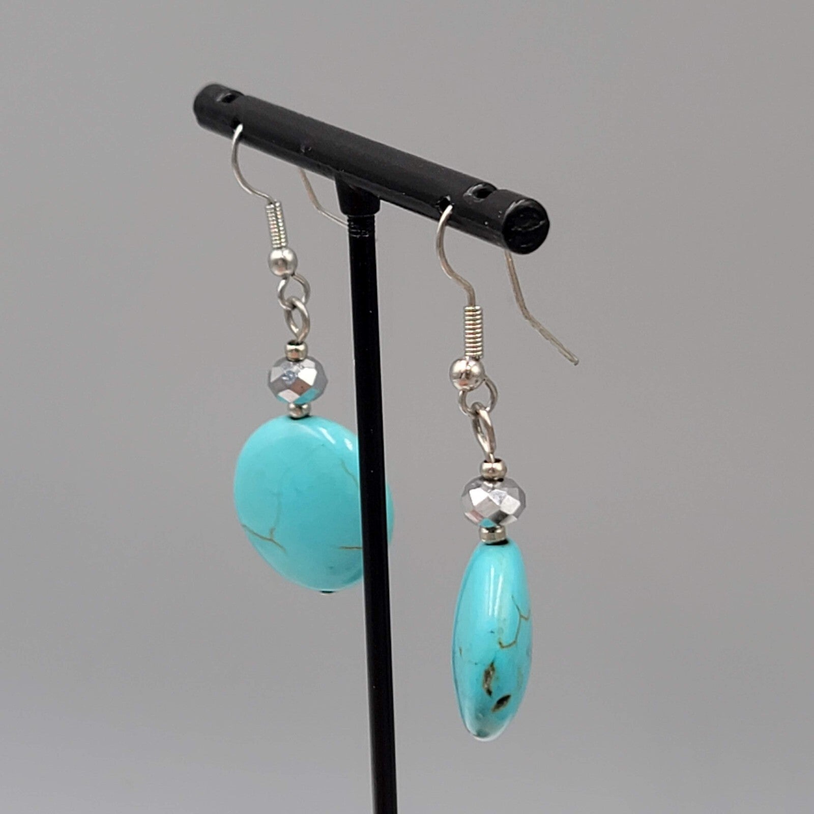 Blue Stone Bead Pierced Earrings Black Accent Silver tone Hook Dangle 1.25"