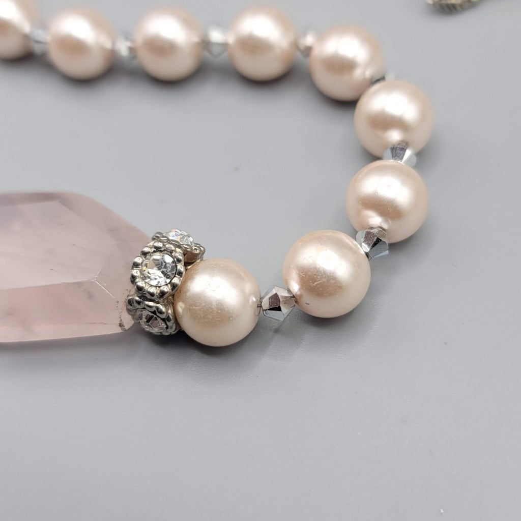 Pink Stone Bead Necklace Faux Pearl Silver tone Toggle Closure 18"