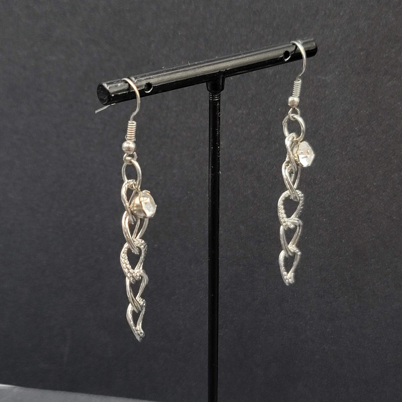 Pierced Earrings Hammered Dangle Chains Rhinestone 1.75"