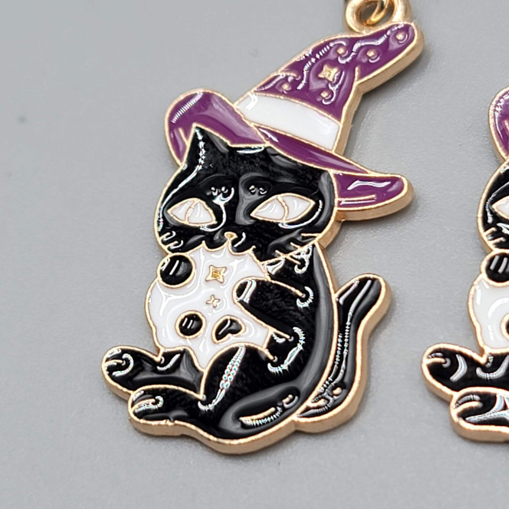Black Cat Witch Pierced Earrings Enamel Gold tone Dangle New 1.25"