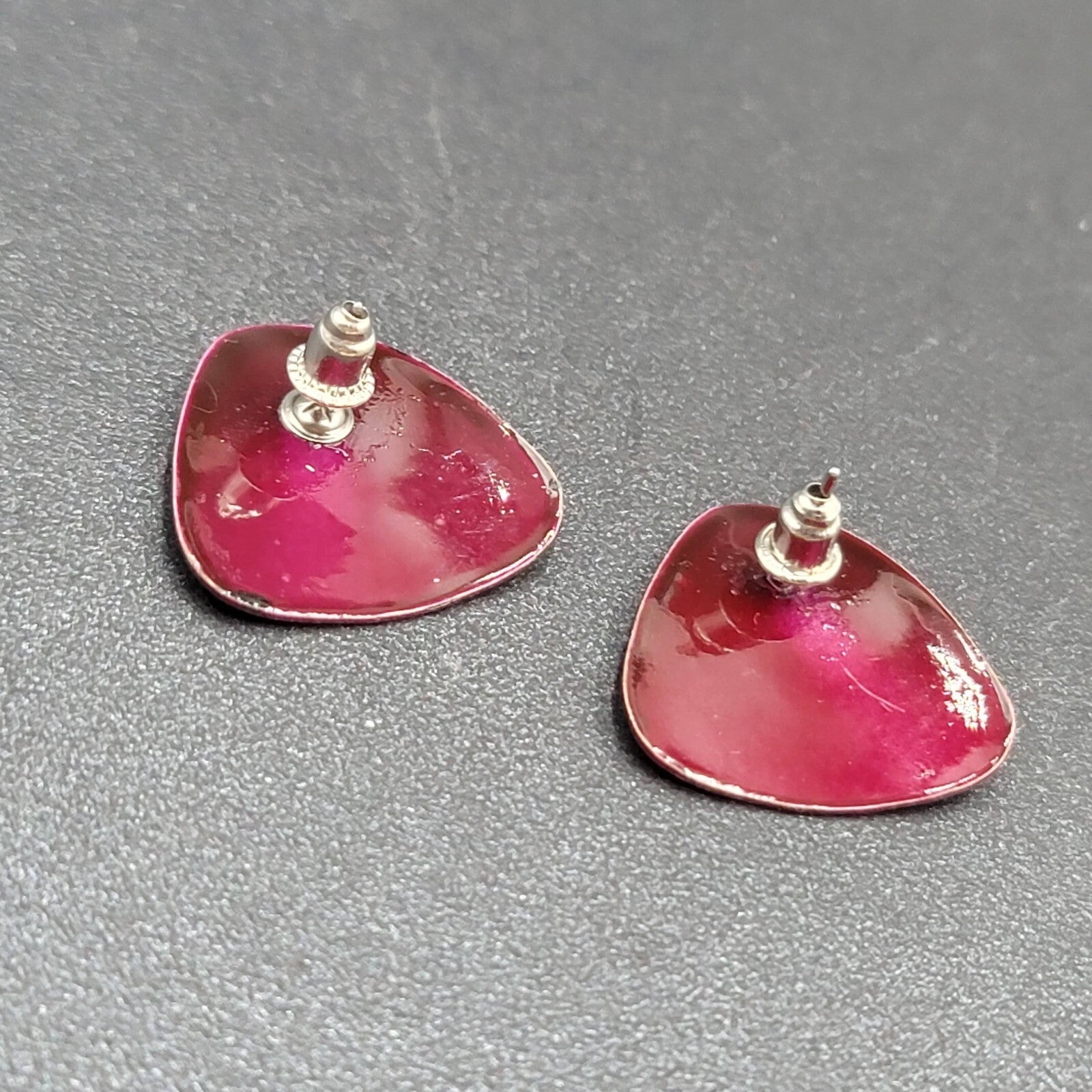 Vintage Pierced Earrings Burgundy Red Black Enamel over Metal Triangle Drop 3/4"