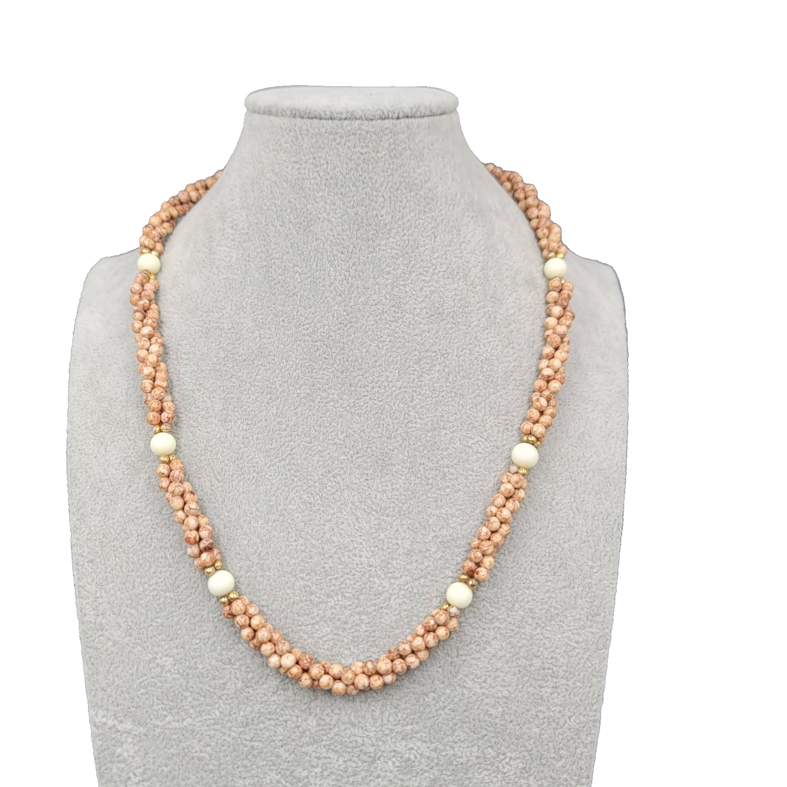 Vintage Brown Stone Twist Bead Necklace Gold tone 20"