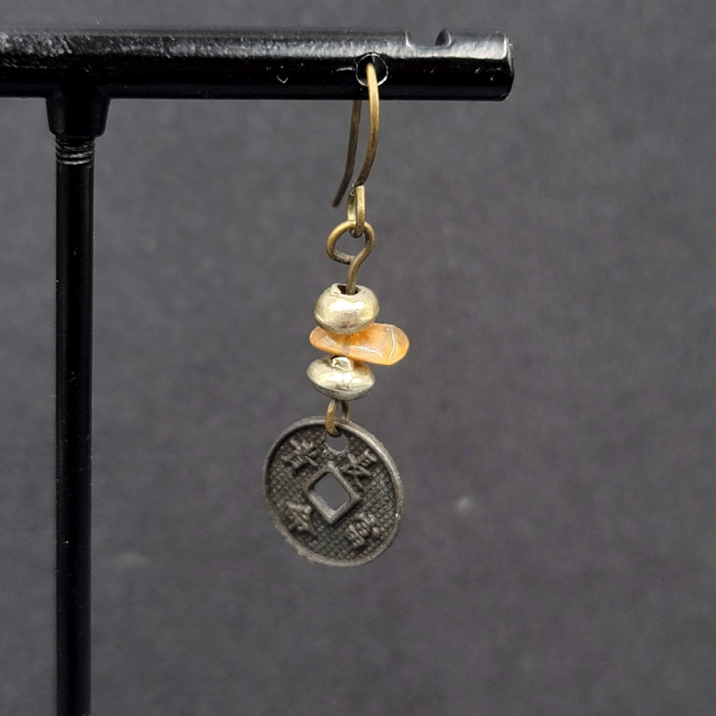 Pierced Earrings Beaded Asian Coin Dangle 1"