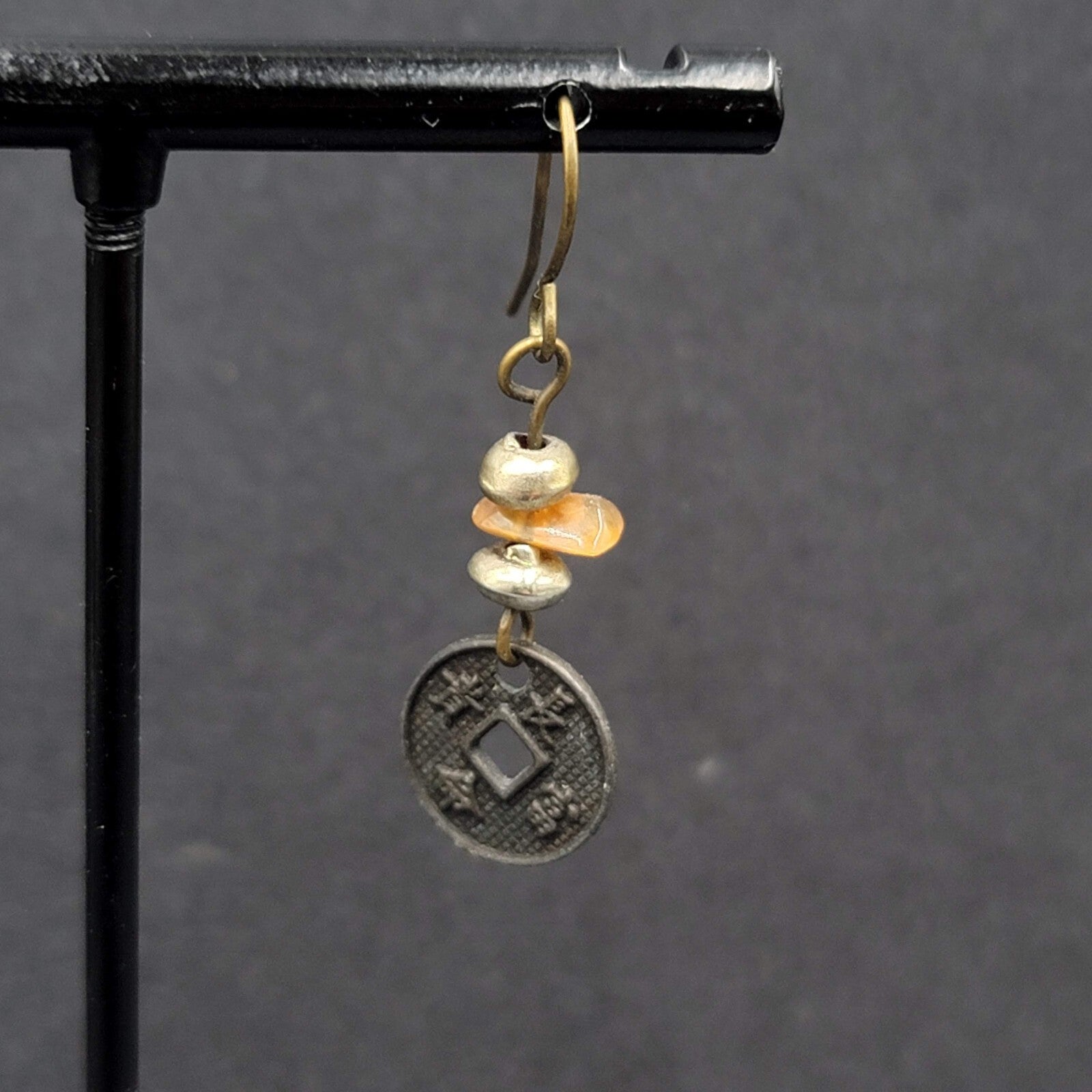 Pierced Earrings Beaded Asian Coin Dangle 1"