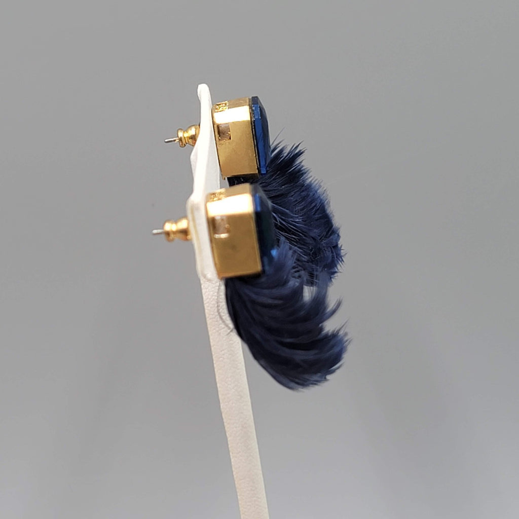 Real Feather Dark Blue Rhinestone Pierced Earrings Drop 1.5 in