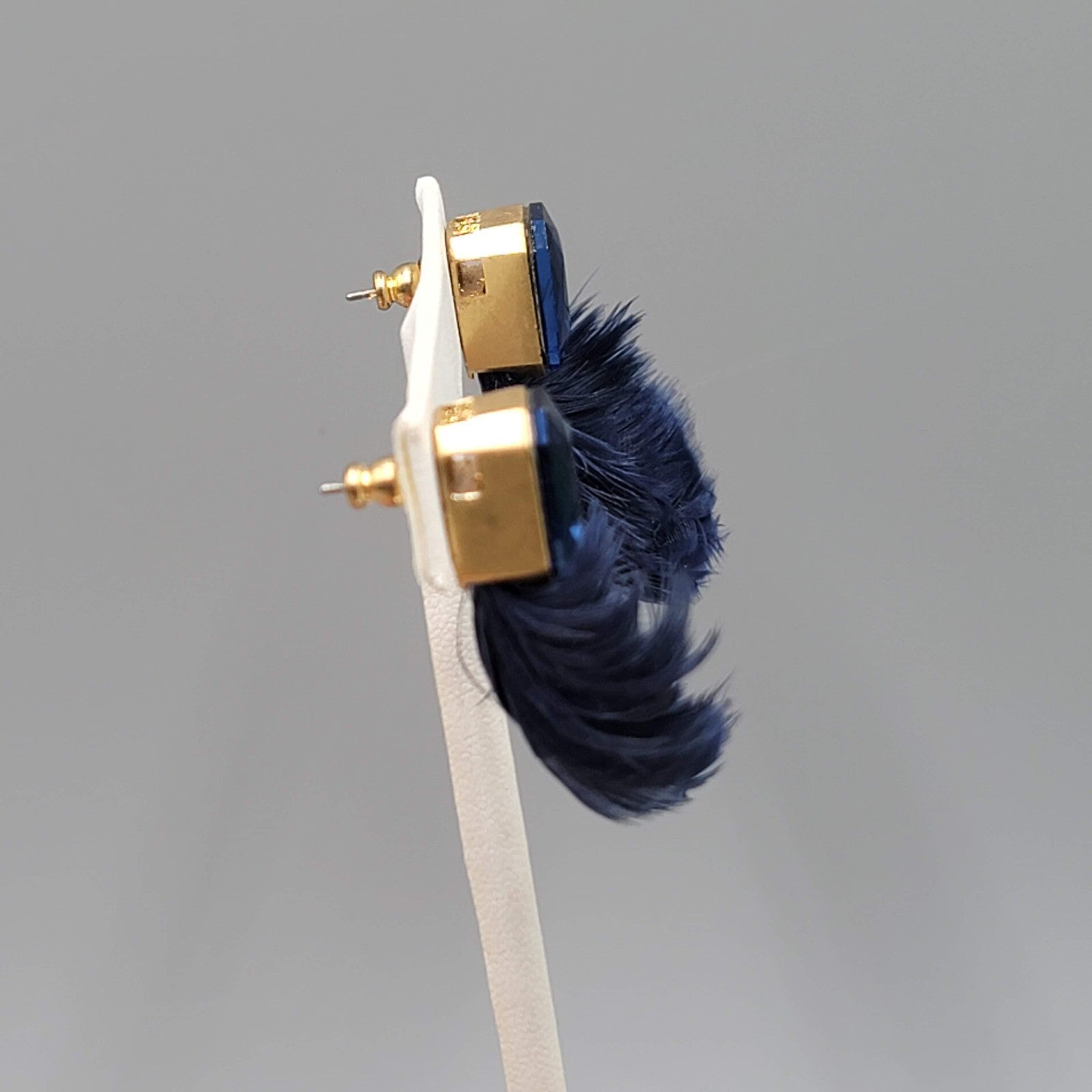 Real Feather Dark Blue Rhinestone Pierced Earrings Drop 1.5 in