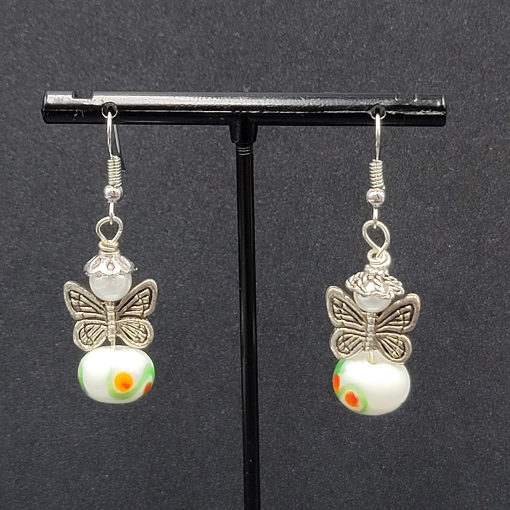 Pierced Earrings Silver tone Angel White Art Glass Bead Dangle 1"