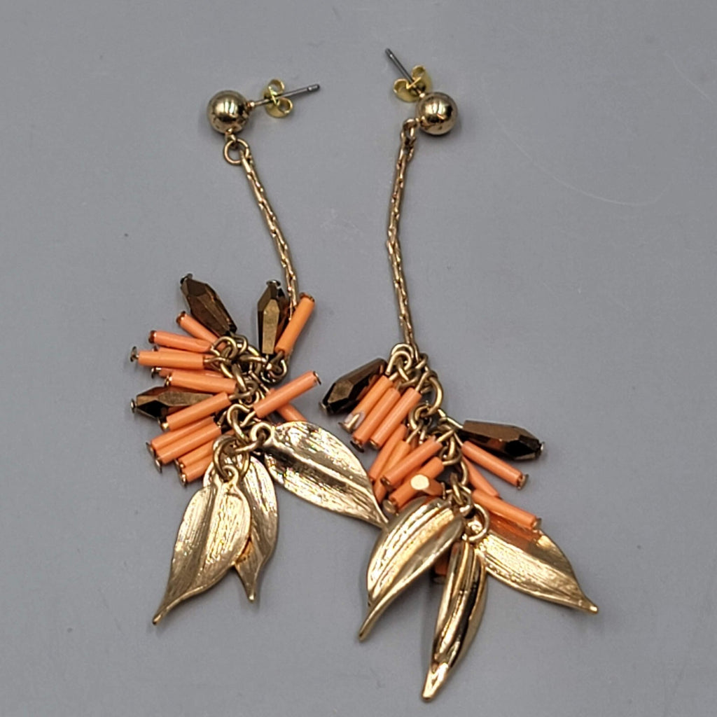 Vintage Pierced Earrings Gold tone Leaf Charms Peach Beads LONG 3.75"