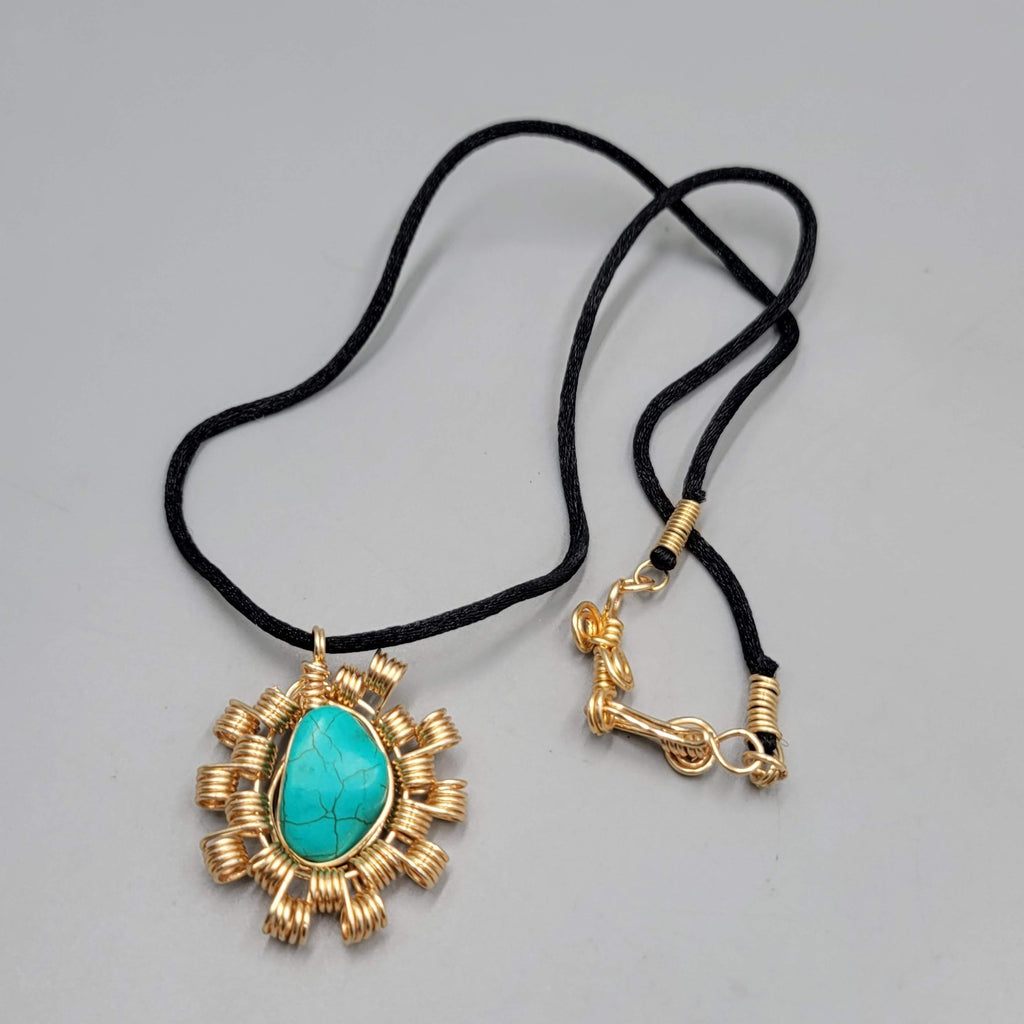 Handmade Wire Wrapped Gold tone Blue Howlite Black Cord 20"