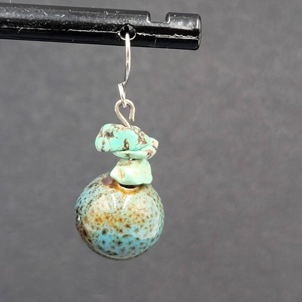 Pierced Earrings Silver tone Turquoise Bead Pottery Bead Dangle  1"